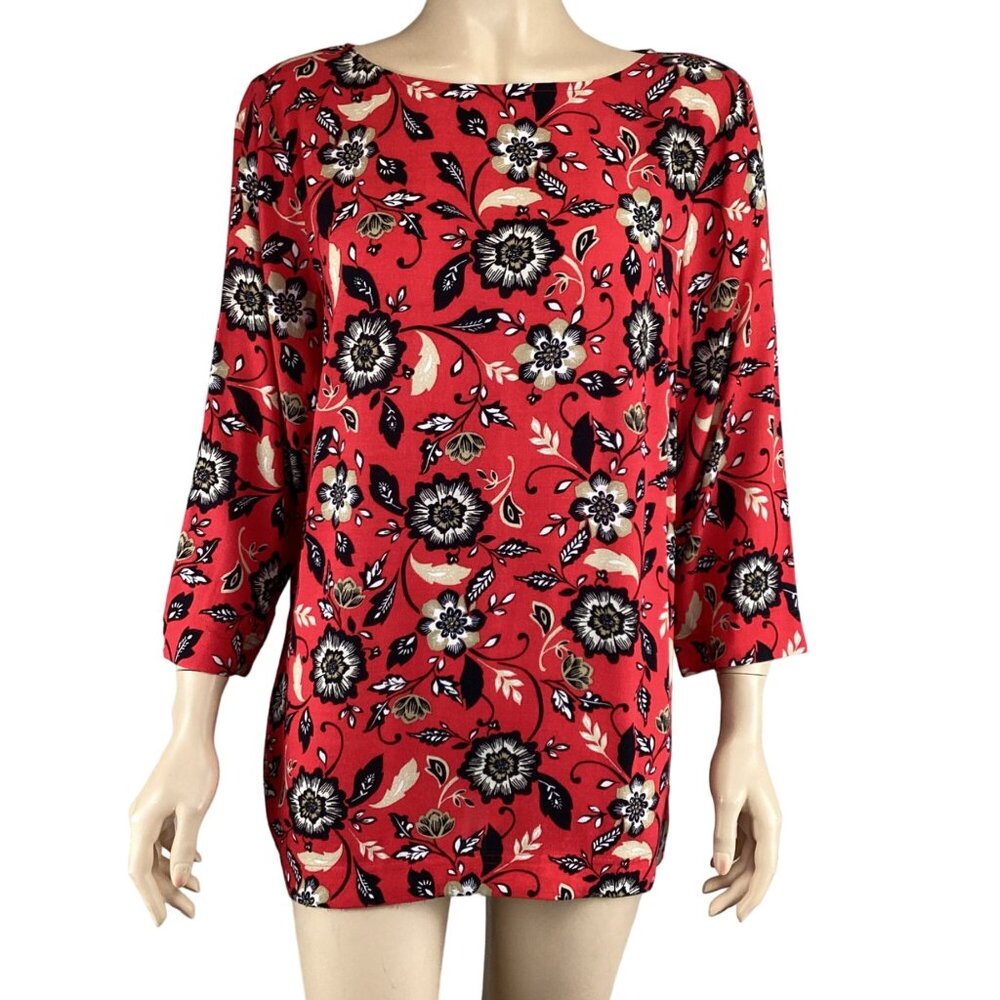 J. Jill Top Size SMall Blouse Floral‎ Print Red Tunic 3/4 Sleeve Shirt